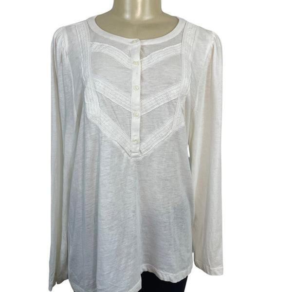 Loft Women’s White Long Sleeve Lace Detail Henley Blouse Sz XL - New