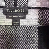 Talbots Womens Black White Merino Checkered Pattern Open Front Cardigan Size L