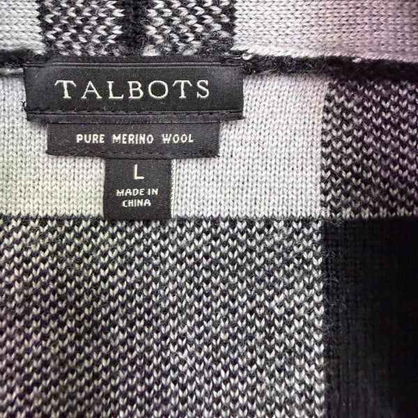 Talbots Womens Black White Merino Checkered Pattern Open Front Cardigan Size L