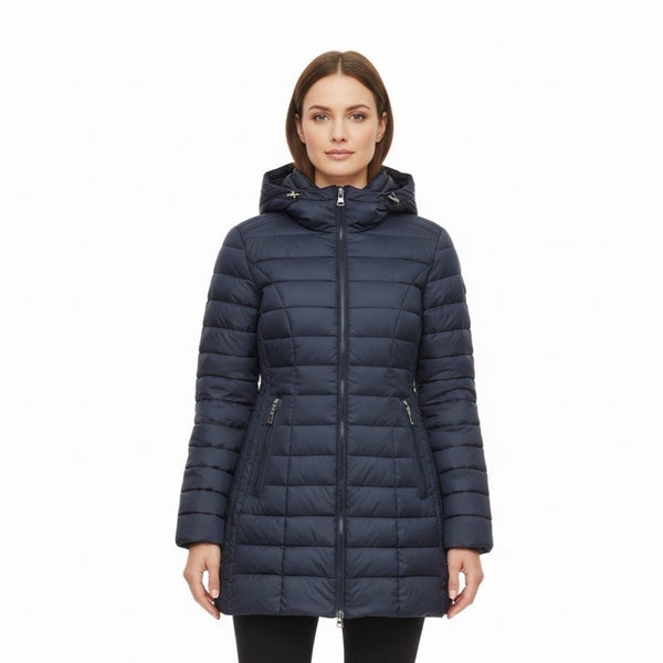 Guess Womens Navy Puffer Coat Faux Fur Hood Quilted Design Knee-Length Sz L