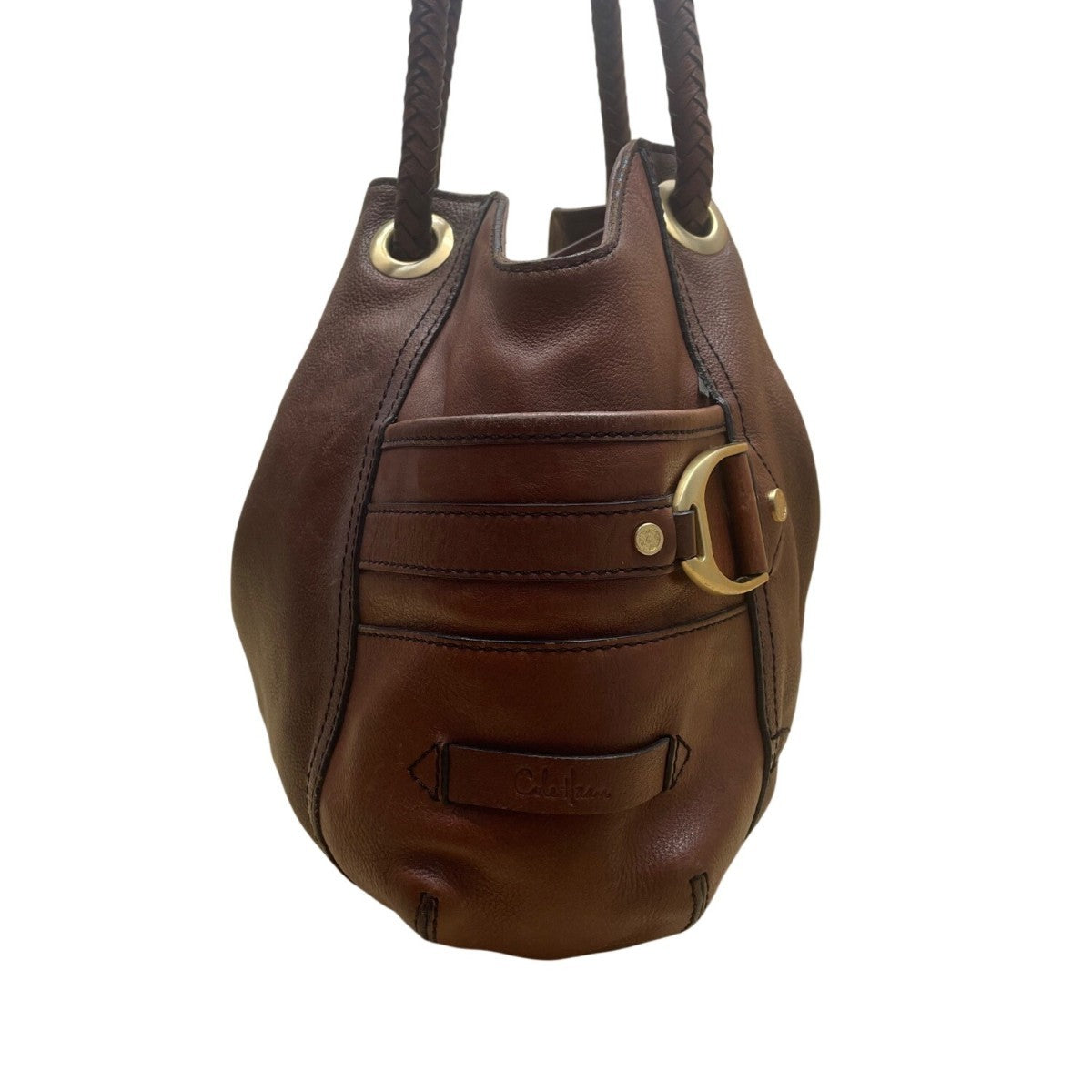 Cole Haan Women’s Brown Leather Drawstring Braided Handles Slouchy Shoulder Bag