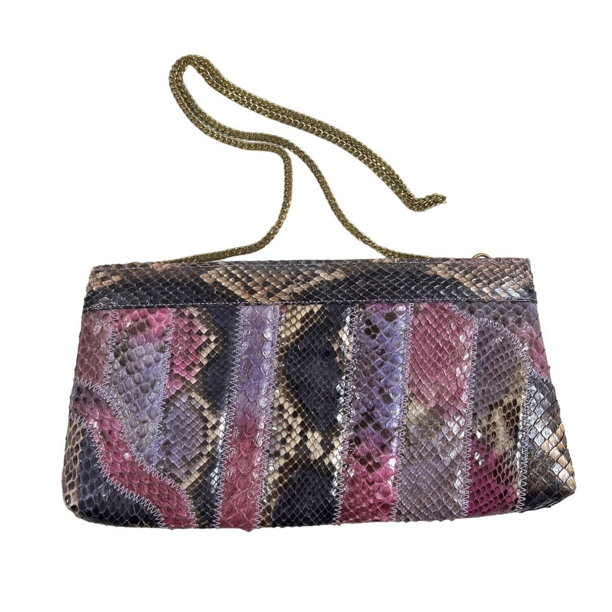 Vintage Women’s Purple Pink Python Skin Gold Chain Clutch and Sholder Bag
