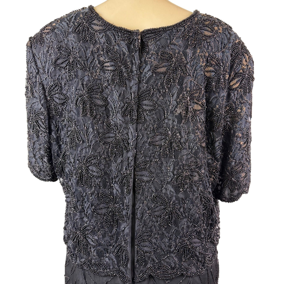 Sténay Womens Black Silk Beaded Evening Gown With Sheer Jacket  Elegant Size 20