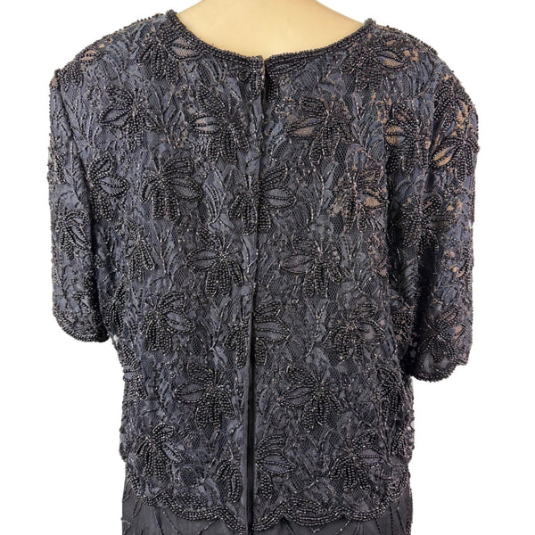 Sténay Womens Black Silk Beaded Evening Gown With Sheer Jacket  Elegant Size 20