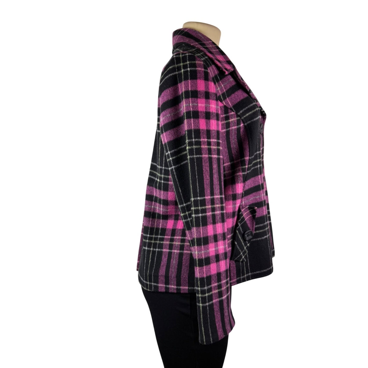 Abbie Mags Womens Black & Pink Plaid Wool Blend Button-Up Coat Retro Chic Size S