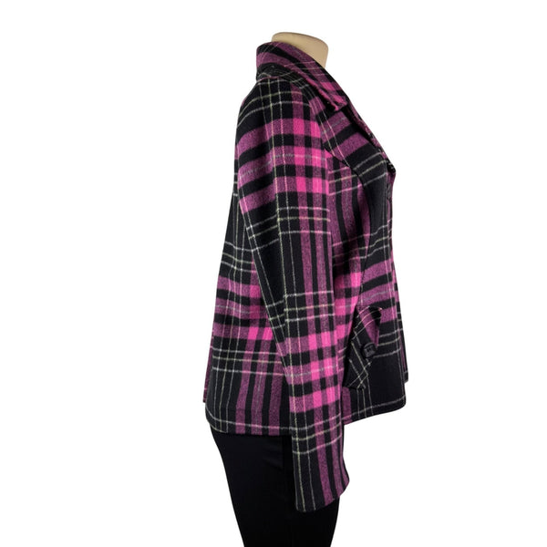 Abbie Mags Womens Black & Pink Plaid Wool Blend Button-Up Coat Retro Chic Size S
