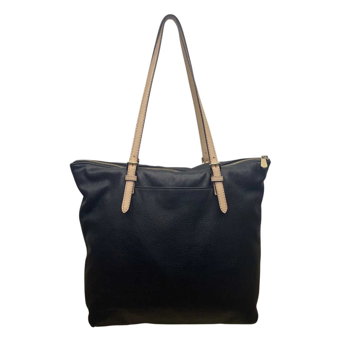 Michael Kors Women’s Black Pebbled Leather Gold Hardware Beige Straps Tote Bag