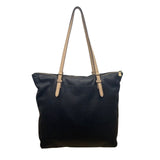 Michael Kors Women’s Black Pebbled Leather Gold Hardware Beige Straps Tote Bag