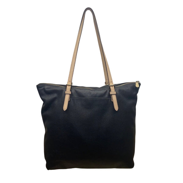 Michael Kors Women’s Black Pebbled Leather Gold Hardware Beige Straps Tote Bag