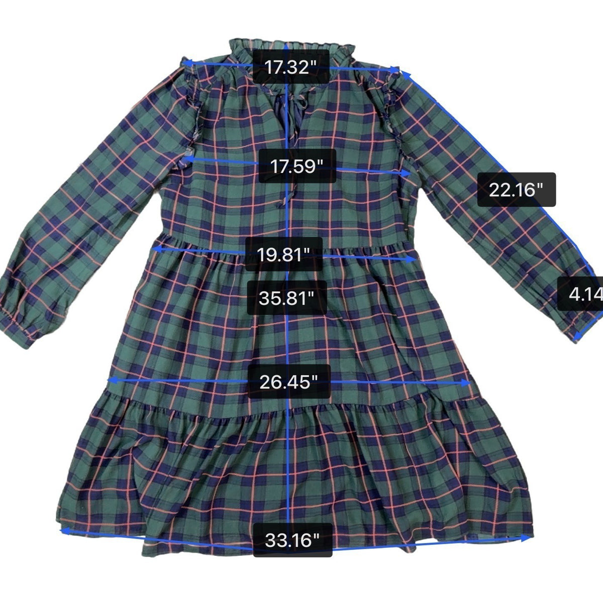 J.Crew Womens Green Plaid Polyester Long Sleeve Tiered Midi Dress Size L
