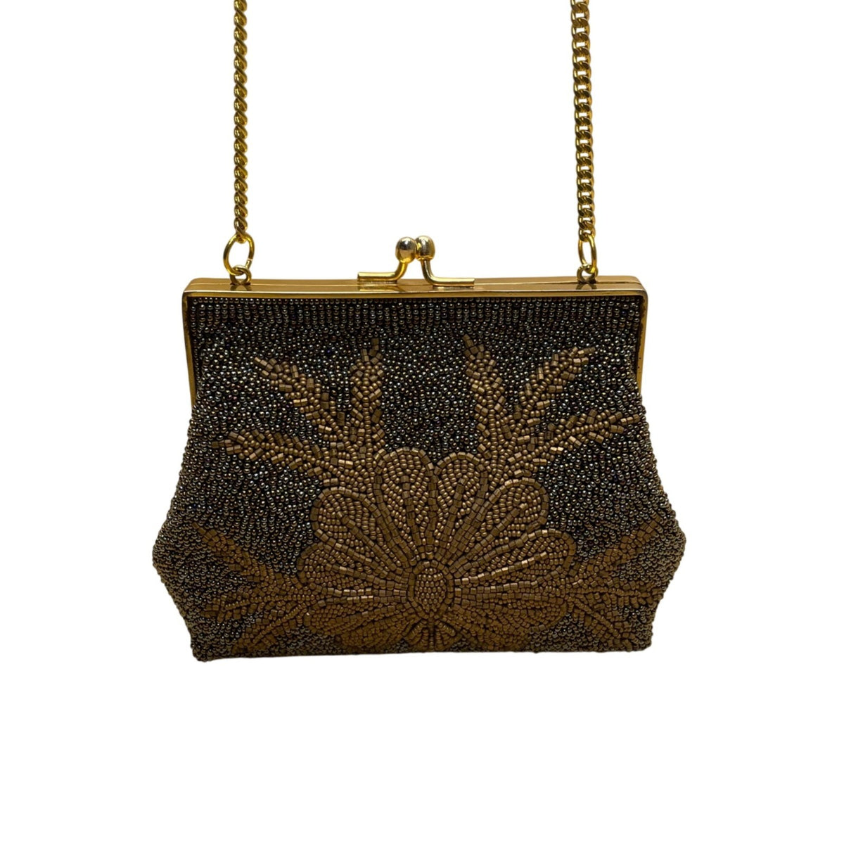 Vintage Women’s Gold & Black Beaded Chain Crossbody Strap Evening Clutch Bag