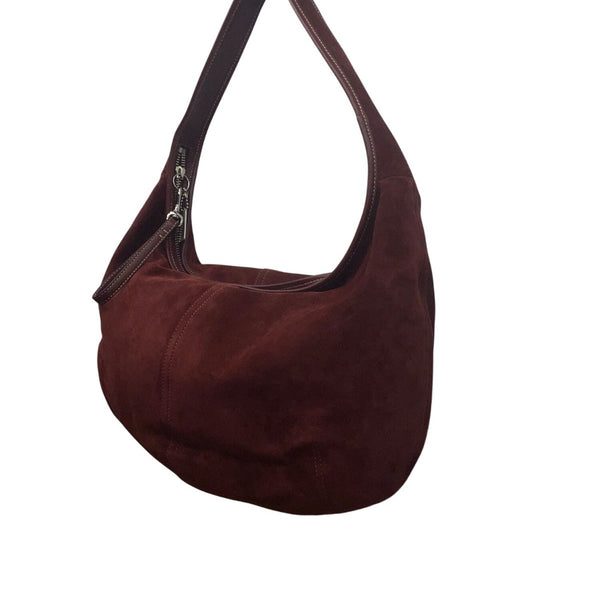 Coach Womens Burgundy Suede Hobo Bag Handcrafted Spacious Interior Zip Closure