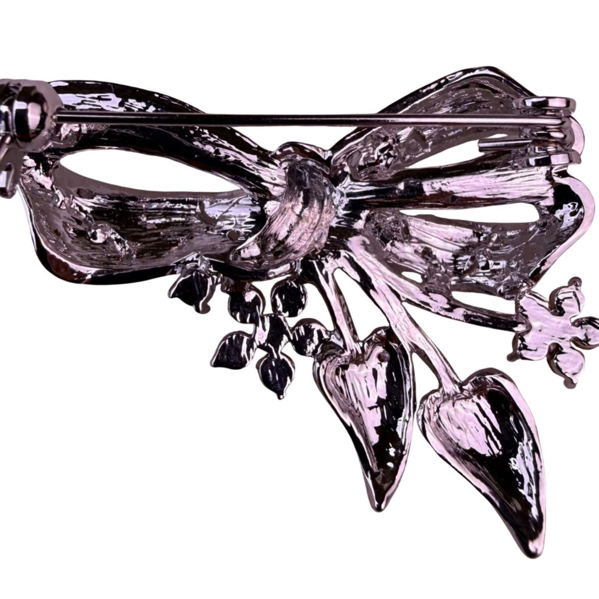 Silver Tone Womens Bow Brooch With Yellow Rhinestones Floral Design Gift Boxed