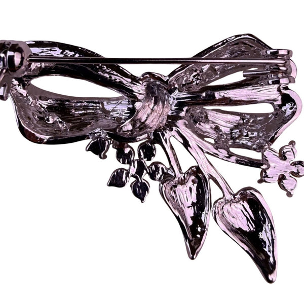 Silver Tone Womens Bow Brooch With Yellow Rhinestones Floral Design Gift Boxed