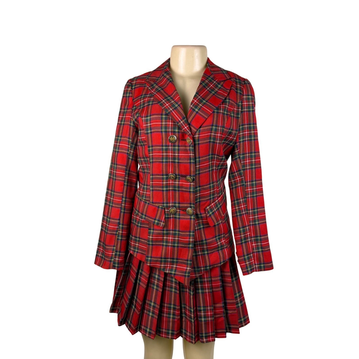 Hug Sunshine Womens Red Plaid Blazer & Pleated Skirt Set Sz L