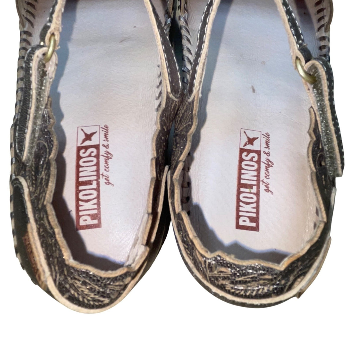 Pikolinos Women’s Silver Metallic Leather Cutout Design Mary Jane Shoes Size 39