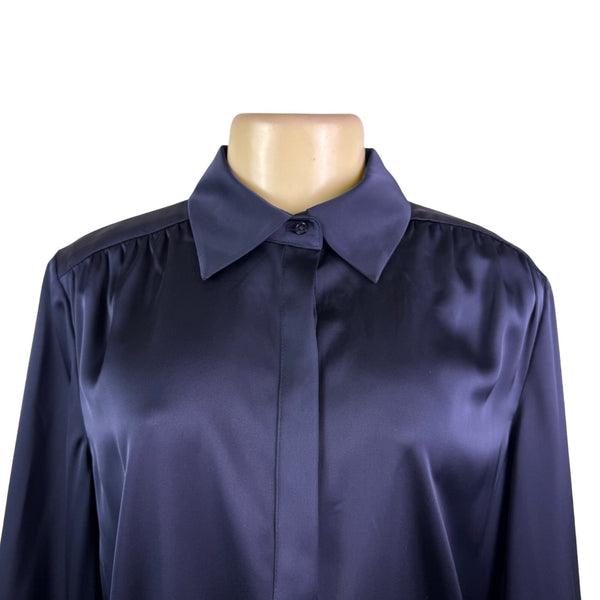 Brooks Brothers Womens Navy Satin Button-Up Collared Blouse Size 12 - New