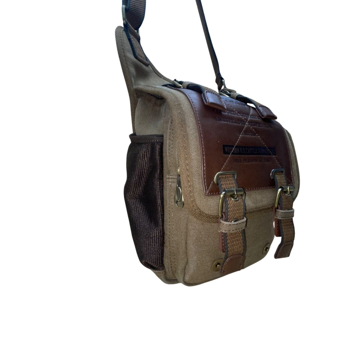 Kaukko Unisex Brown Canvas & Leather Adjustable Crossbody Strap Messenger Bag