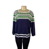 Alfred Dunner Womens Blue Green White Cotton Blend Floral Striped Sweater Size L