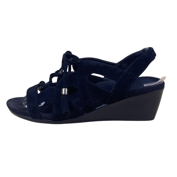 Women’s Black Suede Tassel Strappy Design Kalie Wedge Sandals Size 5
