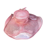 Pink Womens Organza Wide Brim Flower Fascinator Hat Lightweight Elegant Sun Hat