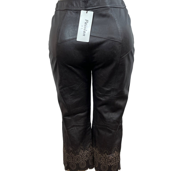 Passion Womens Black Leather Capris With Lace Hem New