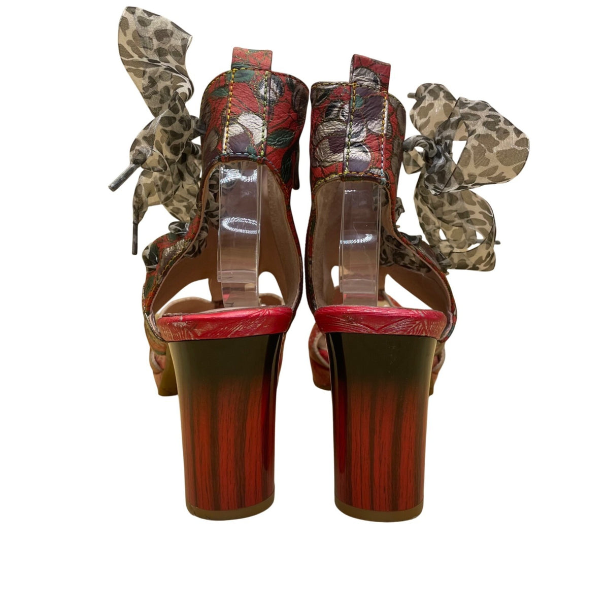 Laura Vita Women’s Red Floral Pattern Leather Open Toe Bow Accent Heels Size 10