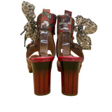 Laura Vita Women’s Red Floral Pattern Leather Open Toe Bow Accent Heels Size 10