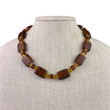 Vintage Womens Amber Glass Necklace Square Beads Brown Unique