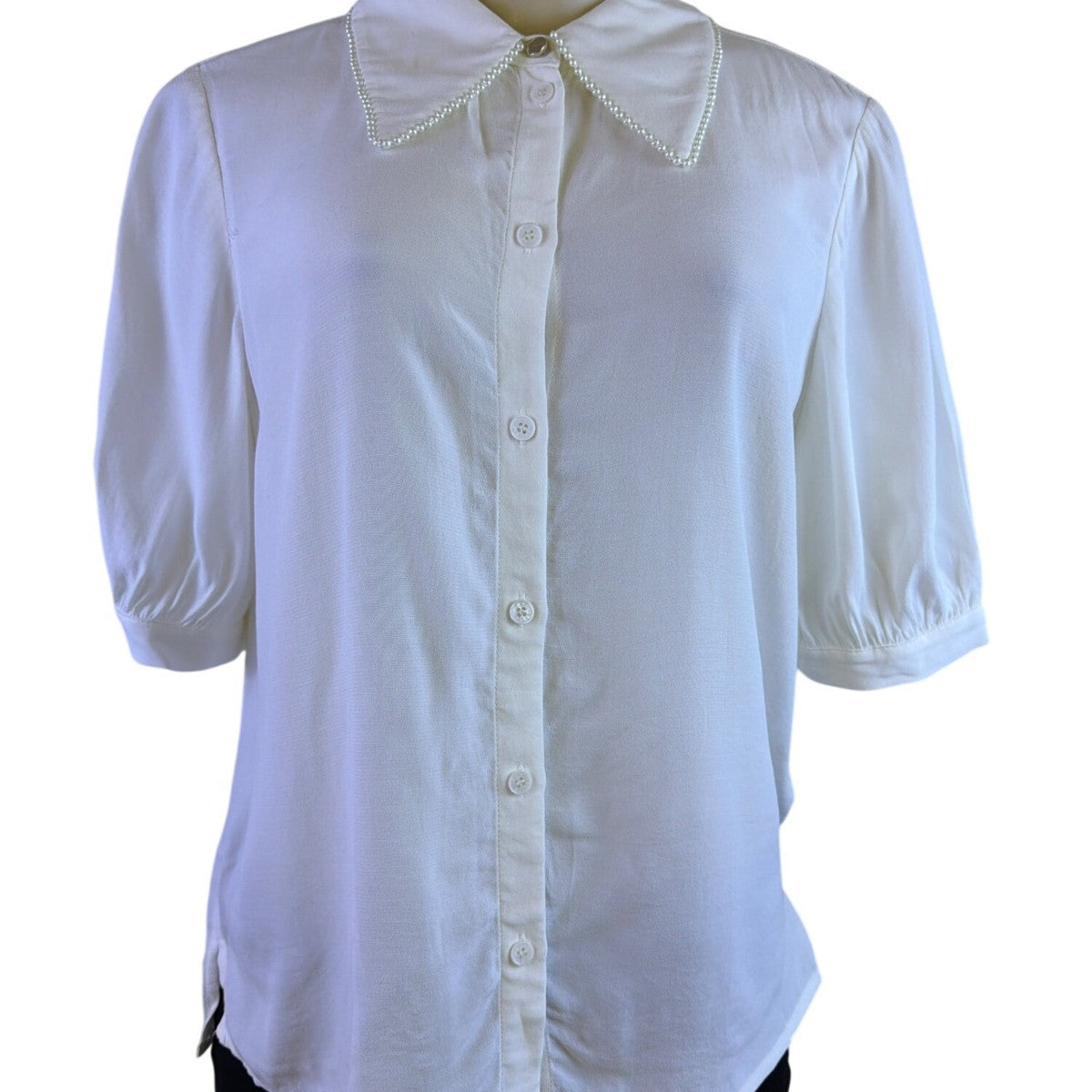 Ted Baker Womens White Button-Up Shirt With Pearl-Embellished Collar Sz 2