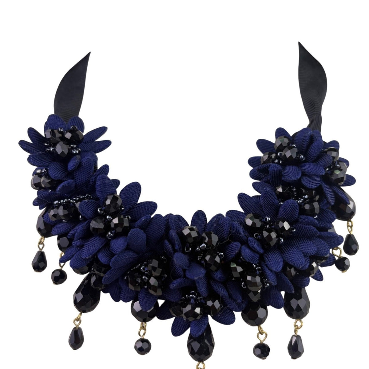Ann Taylor Womens Gold Tone Black Navy Fabric Floral Statement Necklace