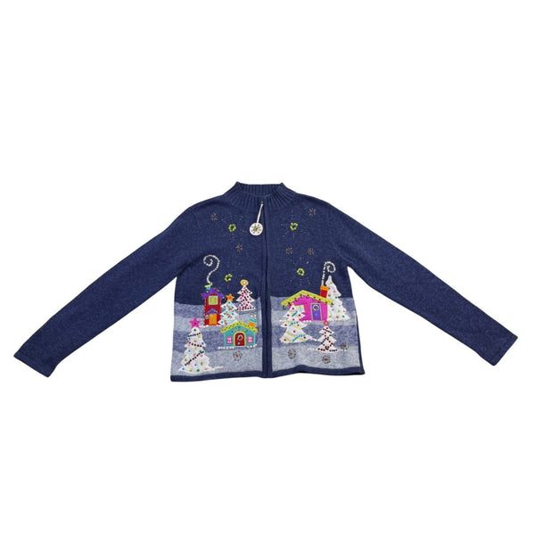 Carly St. Claire Womens Blue Cotton Ramie Embellished Cardigan Sweater Size PXL