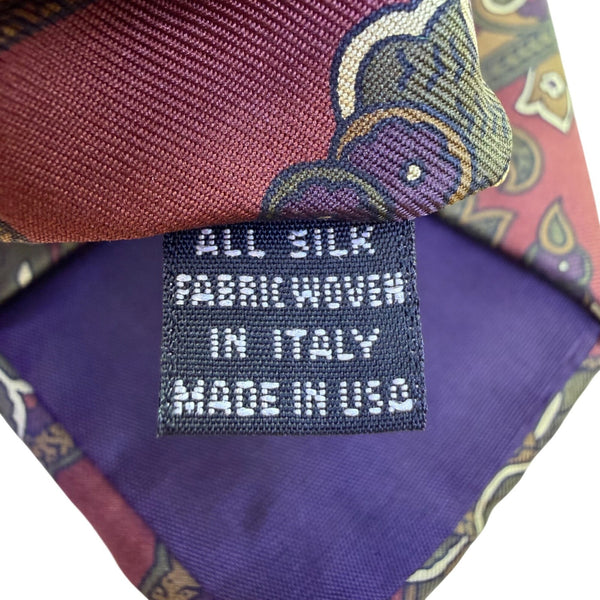 Christian D Mens Burgundy Green Paisley Silk Tie Fabric Woven Italy Made USA