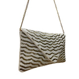 White & Gold Zigzag Pattern  Beaded Envelope Clutch with Chain Strap