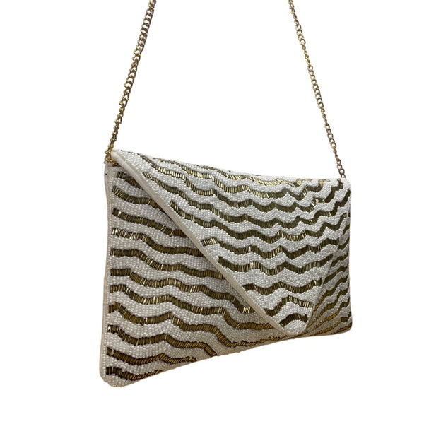 White & Gold Zigzag Pattern  Beaded Envelope Clutch with Chain Strap