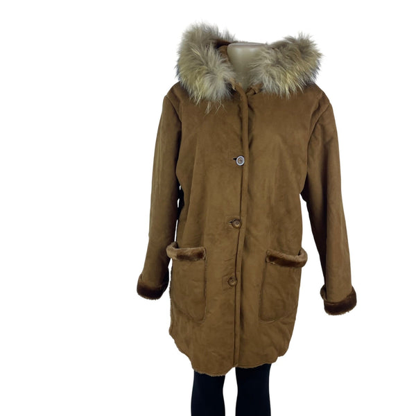 Medison Womens Brown Faux Suede Fur Trim Hooded Winter Coat  Casual Outerwear Sz