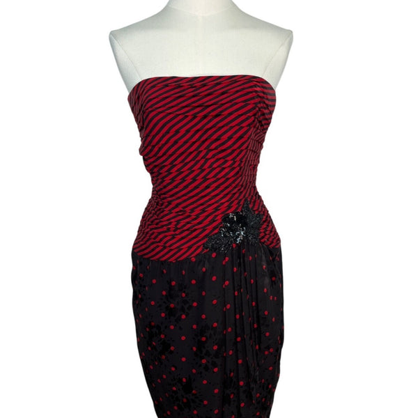 Vintage A.J. Bari Strapless Red & Black Striped Polka Dot Dress Size 4