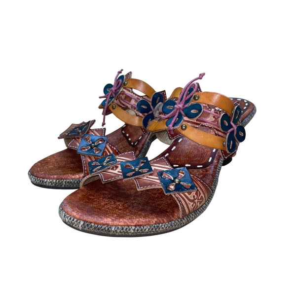 Spring Step Women’s Brown Leather Floral Slip-On Savory Heeled Sandals Size 37