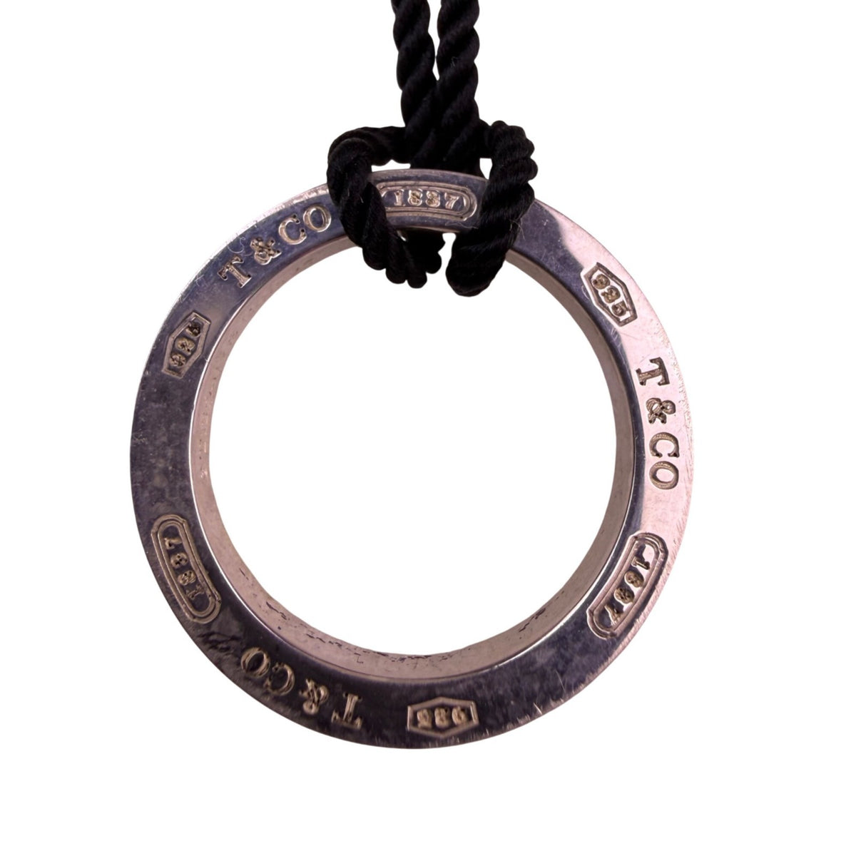Tiffany & Co. Unisex Sterling Silver Round Pendant Black Cord Necklace