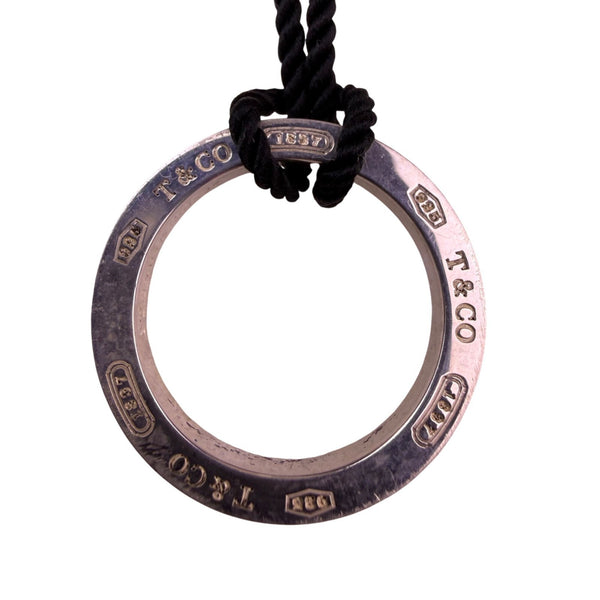 Tiffany & Co. Unisex Sterling Silver Round Pendant Black Cord Necklace