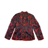 Women Black Red Brocade Floral Mandarin Jacket Laced Up