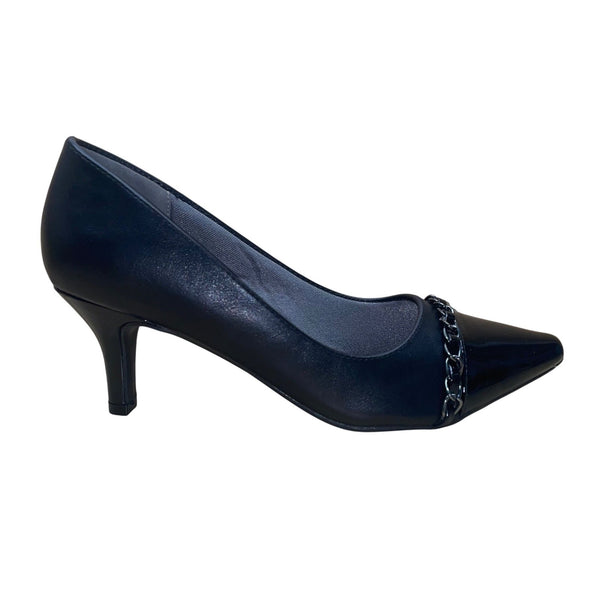 Marbella Women’s Black Chain Accent Pointed Capped Toe Chandler Heels Size 9W