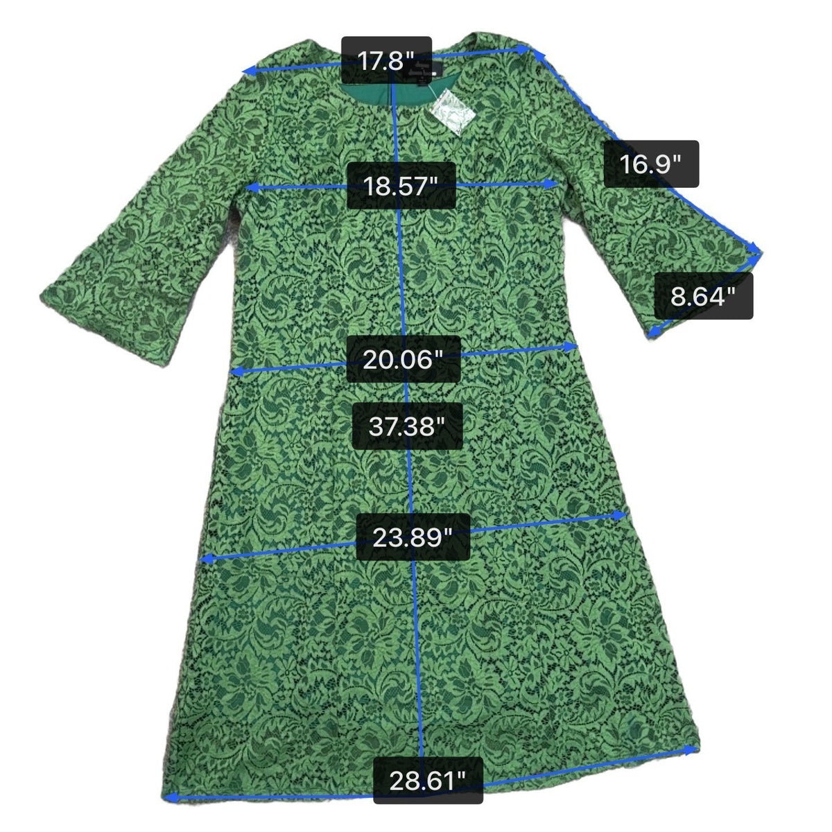 Dennis Basso Womens Green Lace Dress Half Bell Sleeves Size 16