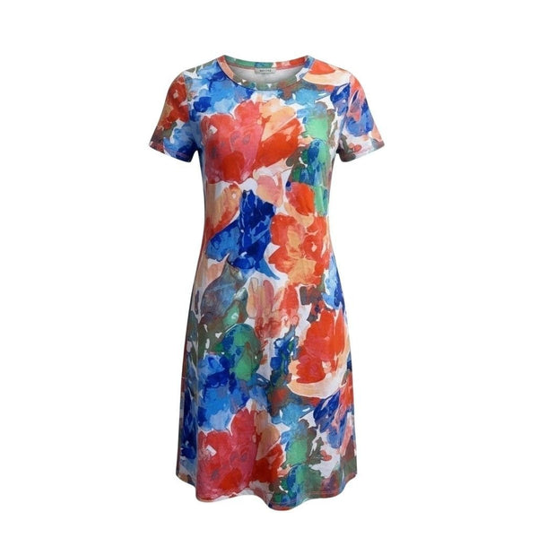 T Talbots Womens Multi-Color Knit Short Sleeve Floral Shift Dress Pocket Sz XL