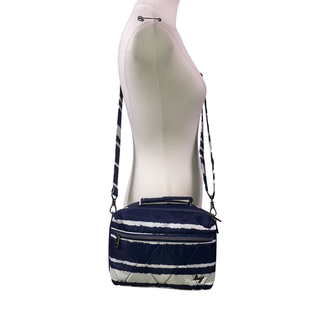 Lug Bebop Women’s Navy & White Adjustable Strap Quilted Striped Crossbody Bag