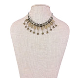Silver Tone Womens Braided Necklace With Oval Translucent Sones And Charms.