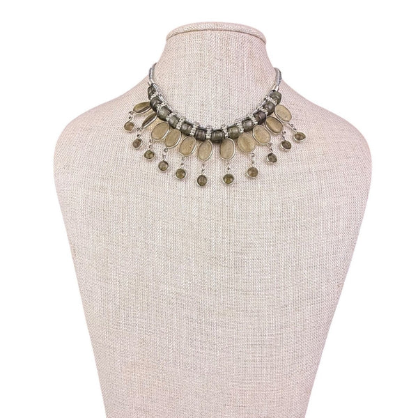 Silver Tone Womens Braided Necklace With Oval Translucent Sones And Charms.