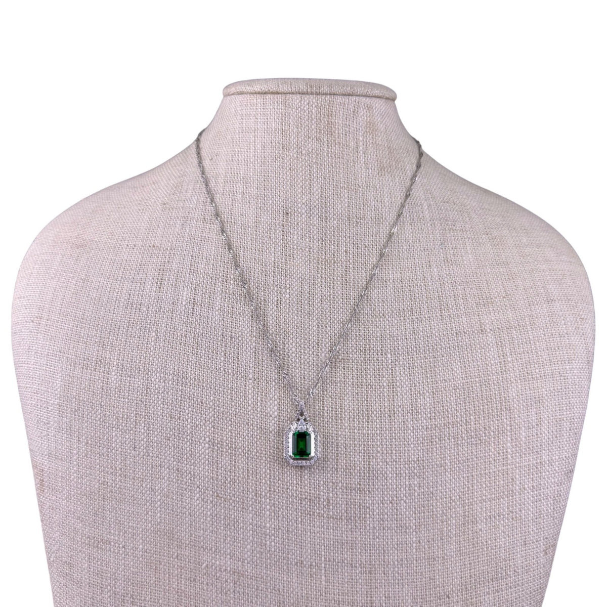 Silver Tone Womens Green Gemstone Pendant Necklace Elegant Chain Contemporary