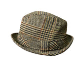 Vintage Unisex Yellow Plaid Wool Fedora Hat Checked Dupont Repel Feather Trim