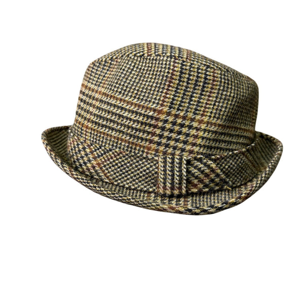 Vintage Unisex Yellow Plaid Wool Fedora Hat Checked Dupont Repel Feather Trim